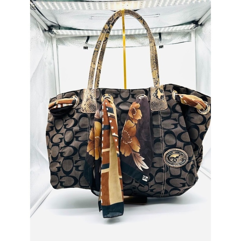 Designer Style Brown‎ Monogram Tote Bag Snake Print Handles Scarf Large Shoulder